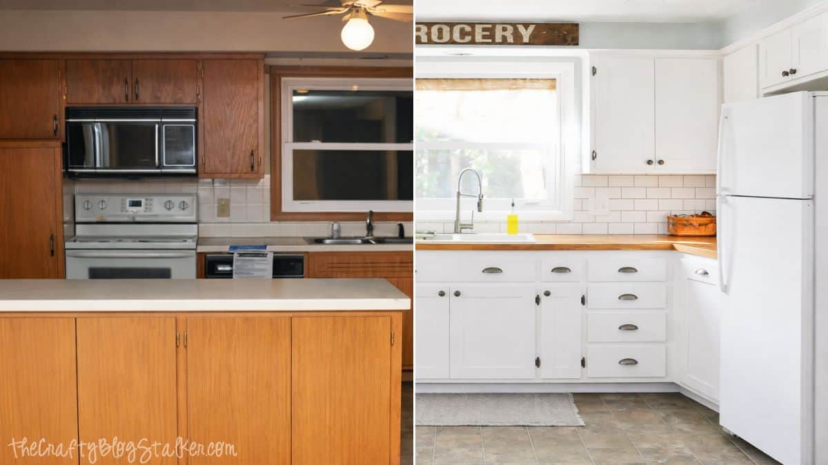 Side-by-side kitchen before and after makeover showing old wood cabinets on the left and bright white cabinets with butcher block counters on the right.