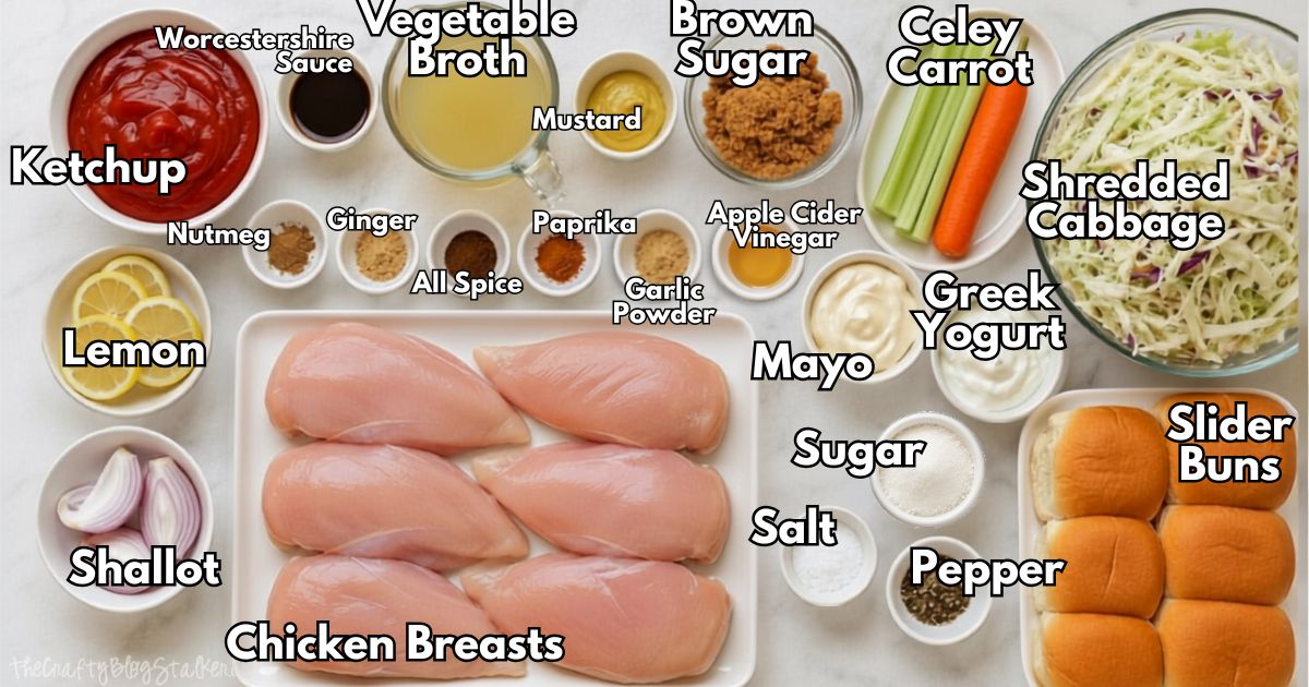 Flat lay of ingredients for BBQ shredded chicken sandwiches, including chicken breasts, cabbage, buns, ketchup, broth, spices, vegetables, and condiments.