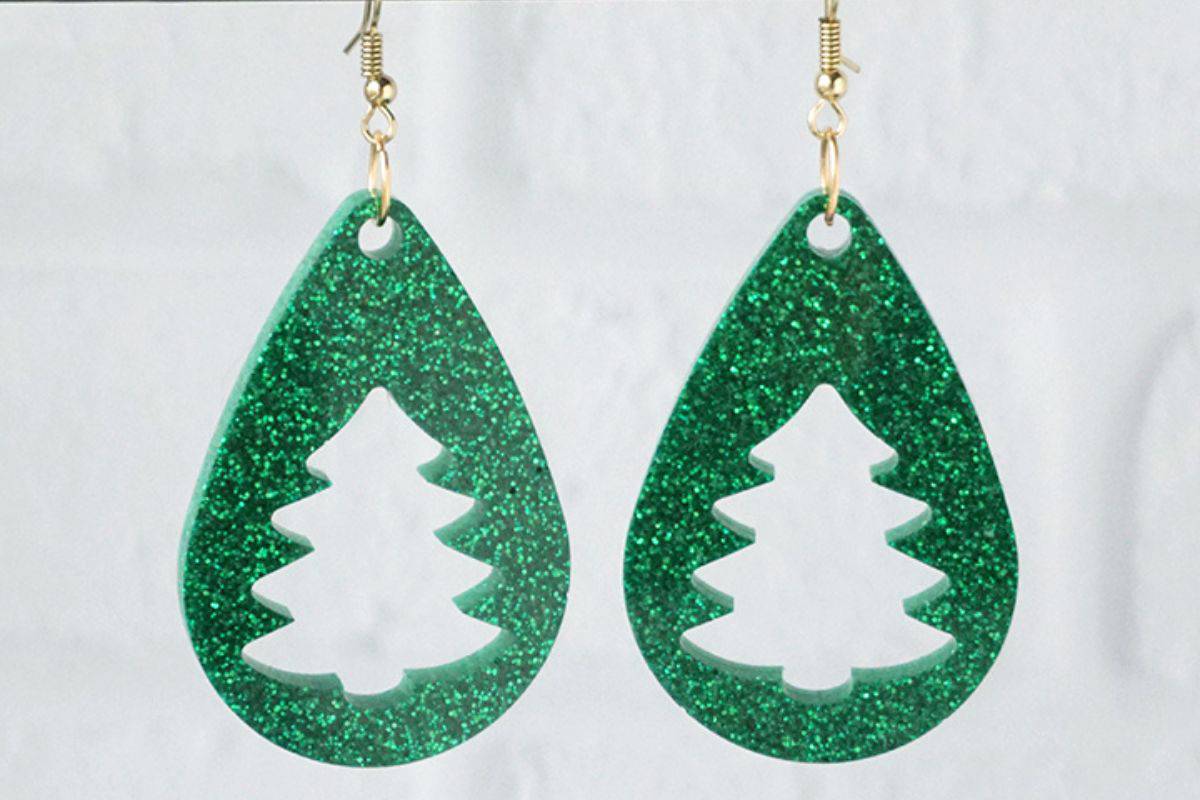 Green resin Christmas Tree Earrings.