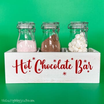 Handmade gift of a Hot Chocolate Bar with hot chocolate, marshmallows, and crushed peppermint.