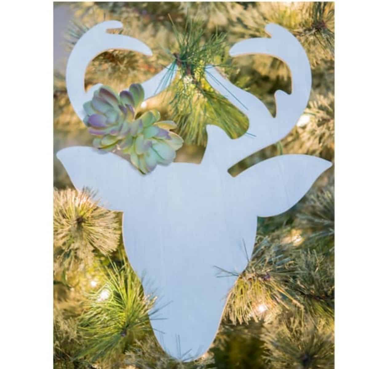A white wooden reindeer head ornament with succulents on one antler hanging on a lit Christmas tree with green branches.
