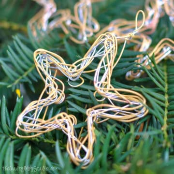 A gold and silver wire star ornament hanging on green pine branches.