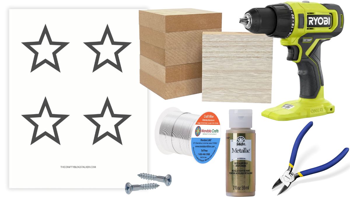 Supplies for making wire star ornaments, including star templates, wood blocks, craft wire, screws, drill, metallic paint, and wire cutters.