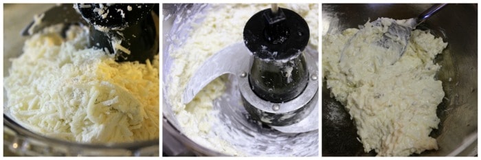 Cream cheese and shredded cheese in a food chopper.