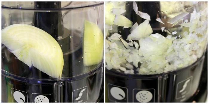 Chopping onions and garlic in a food chopper.