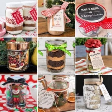 Collage of nine Christmas mason jar gift ideas, including brownie mix, potpourri, friendship soup, candy, Irish cream, and lavender bath salts.