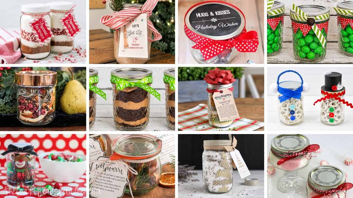 Collage of Christmas mason jar gift ideas including brownie mix, potpourri, bath salts, candy jars, friendship soup, and snowman treats.