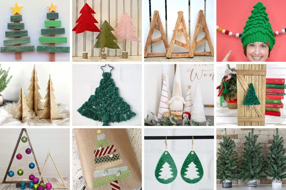 Collage image with 12 Christmas Tree crafts.