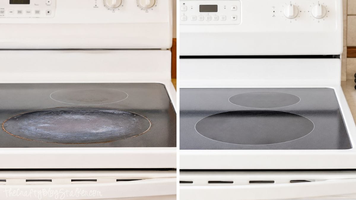 Side-by-side comparison of a dirty and clean glass top stove showing before and after cleaning results on a white range.