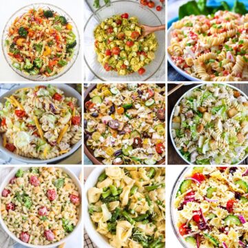 Collage with 9 pasta salads.