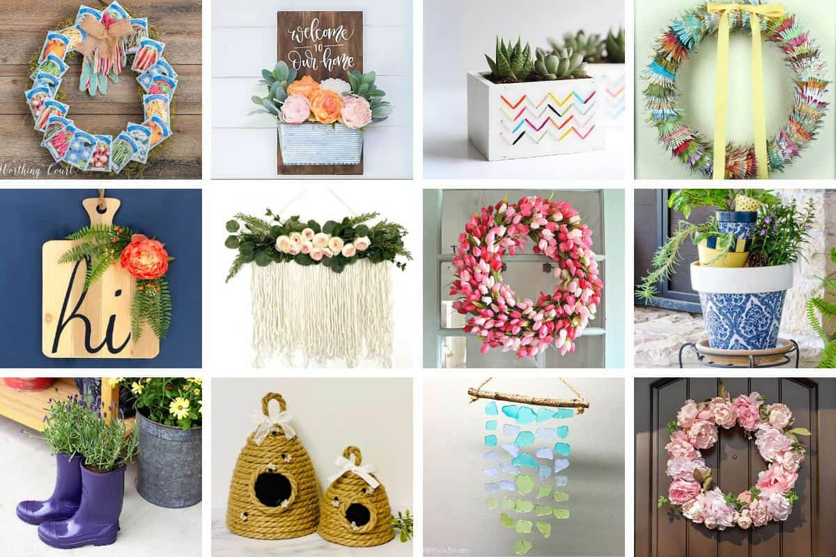 Collage with 12 Spring home decor crafts.