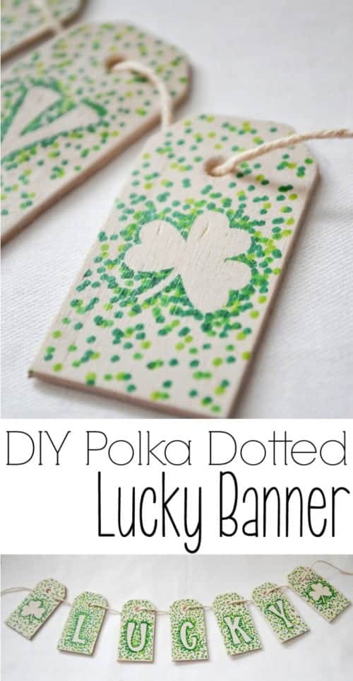 wood DIY Polka Dotted Luck Banner painted white with green dots