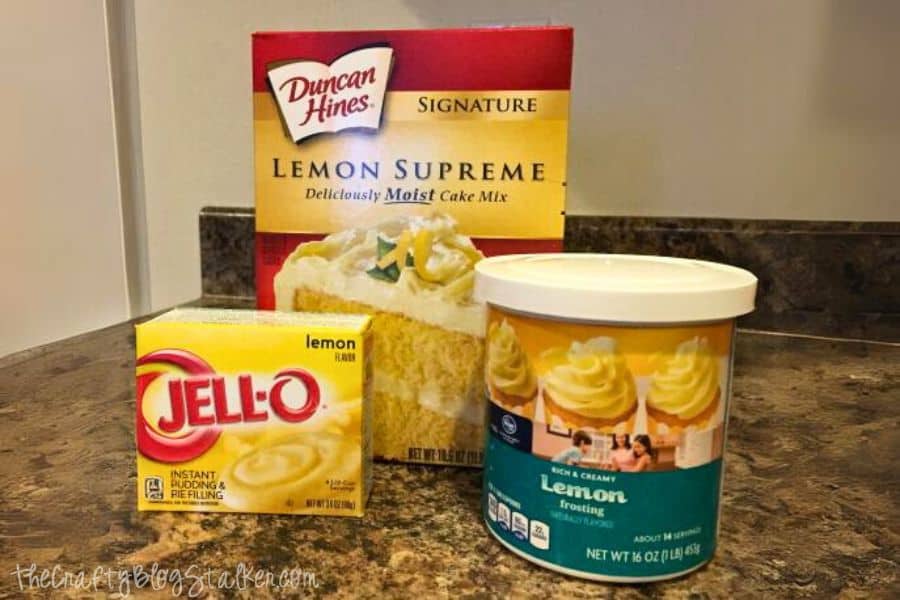 Lemon cake mix, lemon frosting, and a small box of lemon pudding.