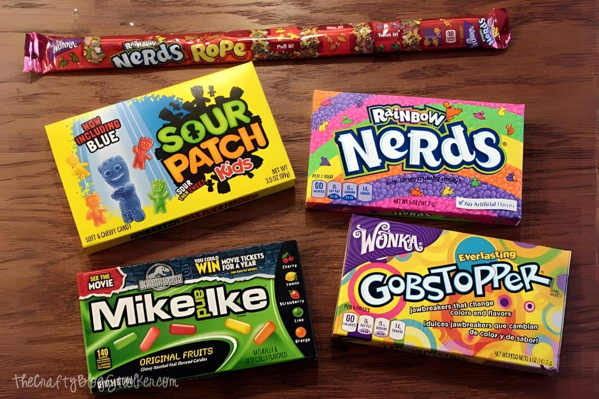Candy boxes; Sour Patch Kids, Nerds, Gobstoppers, Mike and Ikes, nerd rope.