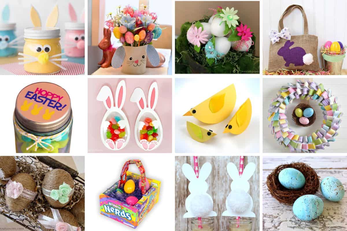 Collage with 12 easter crafts.