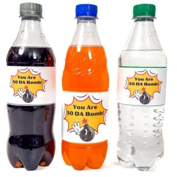 3 soda bottles with printables labels - you are so da bomb.