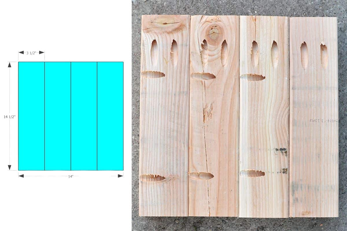 Side-by-side image showing a woodcut diagram and four wooden boards joined with pocket holes, forming a panel for a DIY project.