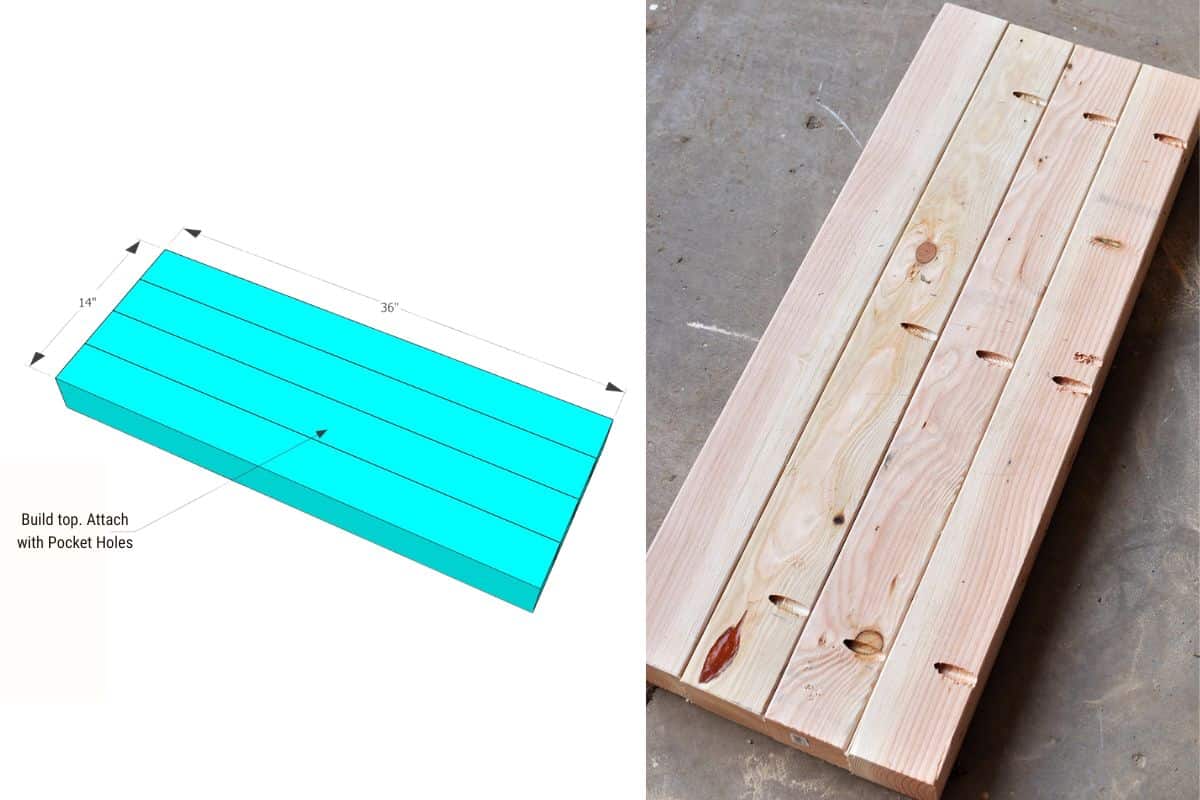 Side-by-side image showing a woodcut diagram and five joined boards with pocket holes, forming the 14"x36" top panel for a DIY bench.