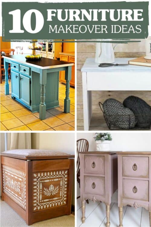 Collage of four DIY furniture makeover projects featuring a painted kitchen island, white console table, stenciled bench, and updated nightstands.
