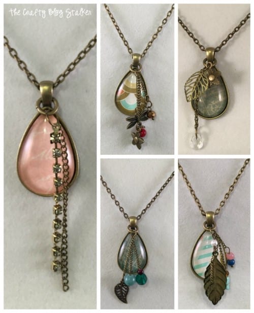 image of 5 different completed DIY jewelry pendant necklaces