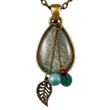 Teardrop pendant necklace with green patterned background, bronze chain, dangling beads in teal, red, green, and a bronze leaf charm.