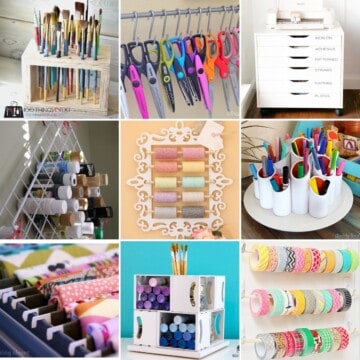 Collage with 9 craft room organization ideas.
