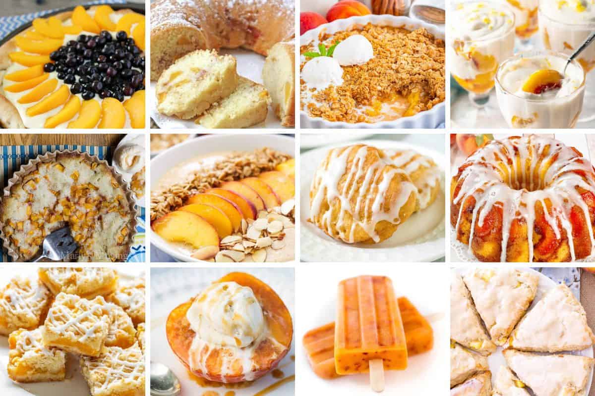 Collage with 12 images of fresh peach recipes.