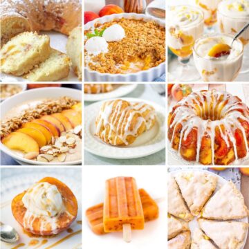 Collage with 9 images of fresh peach recipes.