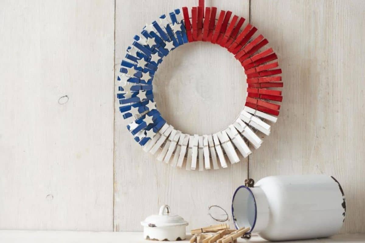 Red, white, and blue clothespin wreath.