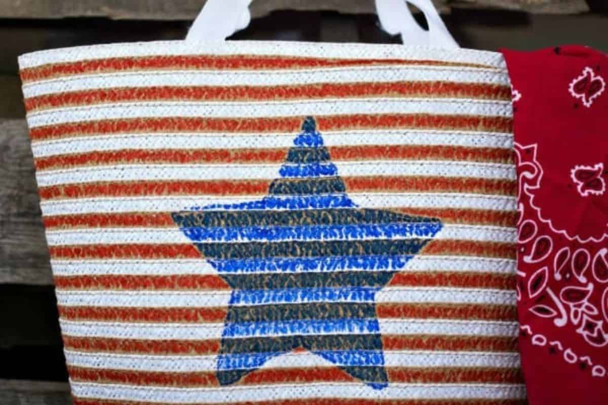 Patriotic Stars and Stripes painted tote bag. 