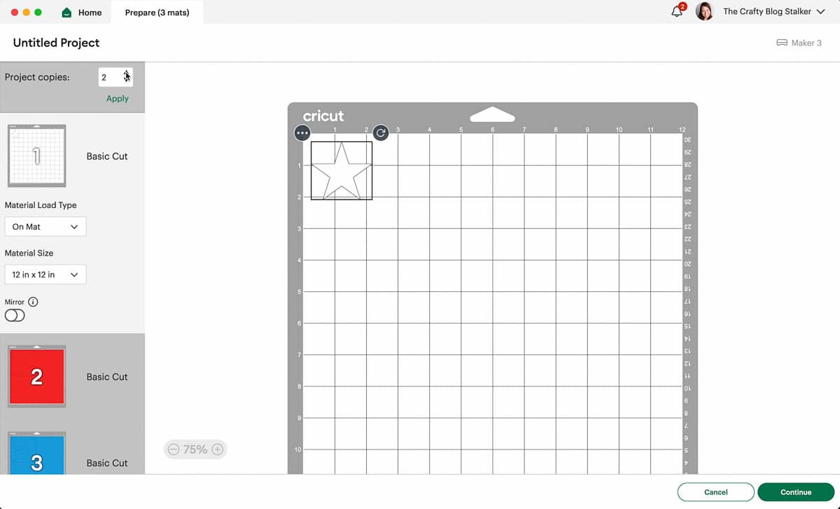 Screenshot of Cricut Design Space, changing to four project copies.