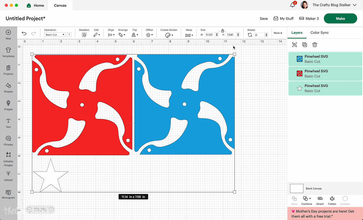 Screenshot of Cricut Design Space, three different pieces three different colors.