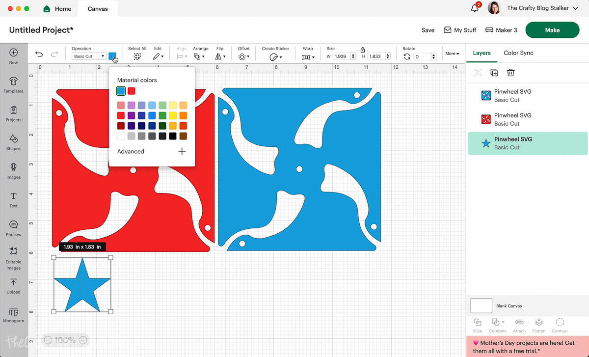 Screenshot of Cricut Design Space, changing the colors of the cut pieces.