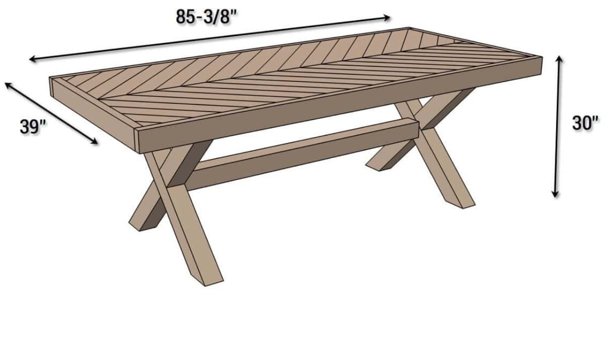 Diagram of a DIY farmhouse dining table with herringbone top, X-shaped legs, and labeled dimensions for the woodworking plans.