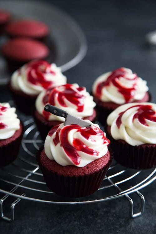 bloody red velvet cupcakes