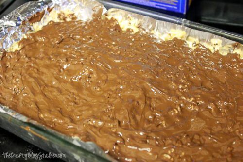 rice Krispies layered with melted chocolated