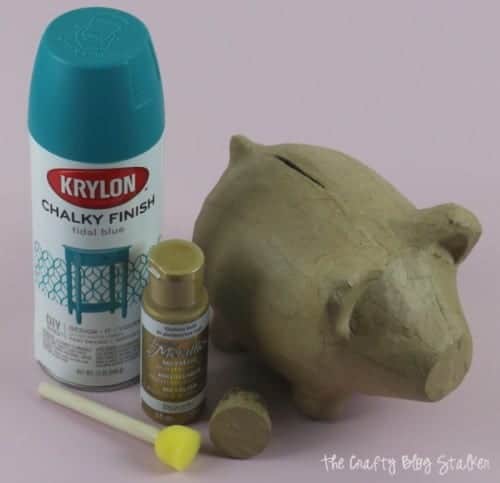 paper mache piggy bank, spray paint,  gold acrylic paint, sponge dauber