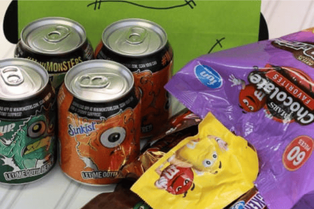 Candy and mini soda cans for halloween neighbor gift.