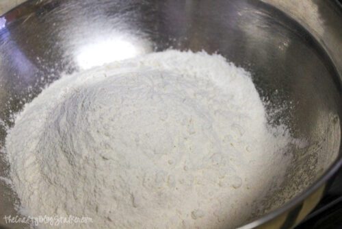 pancake mix in a silver bowl