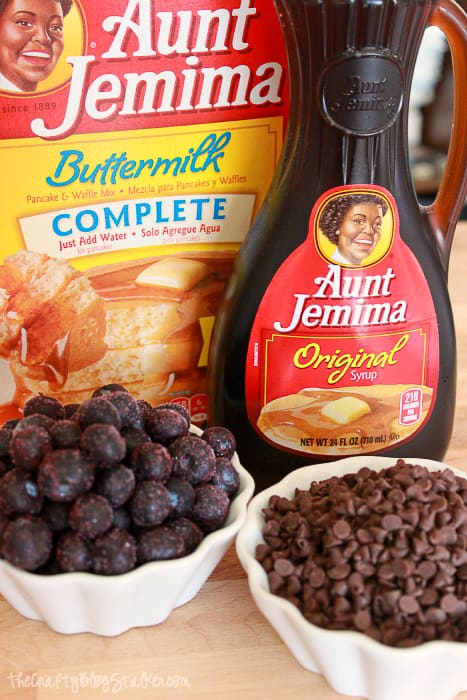 aunt jemima buttermilk complete, syrup, blueberries and chocolate chips