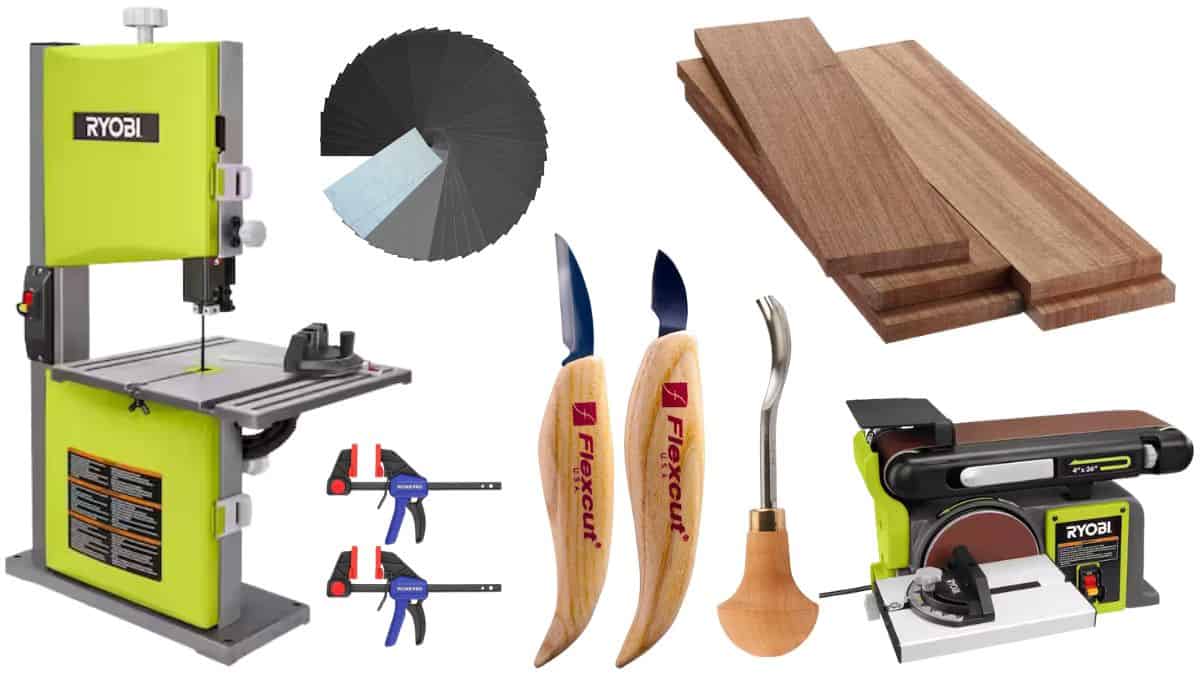 Woodworking tools and supplies including a bandsaw, sanding discs, wood boards, hand carving knives, clamps, and a belt and disc sander.