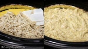 Before and after collage of shredded chicken being stirred into creamy sauce in a slow cooker for homemade Hawaiian haystacks.