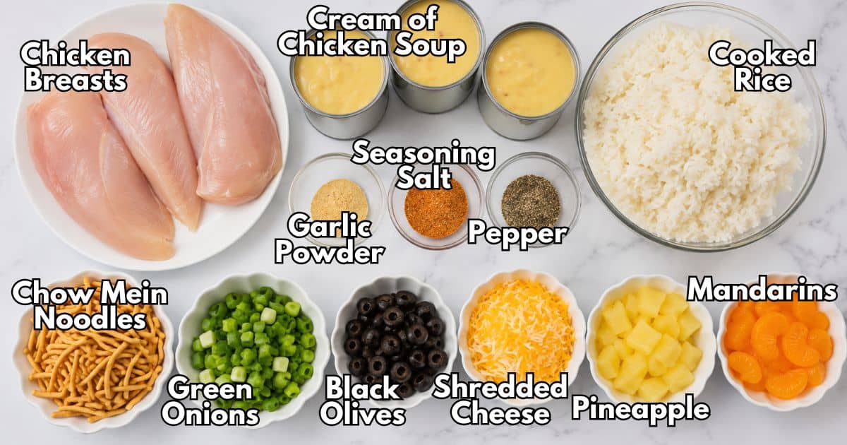 Ingredients for slow cooker Hawaiian haystacks including chicken breasts, cream of chicken soup, rice, seasonings, cheese, olives, pineapple, mandarins, and toppings.