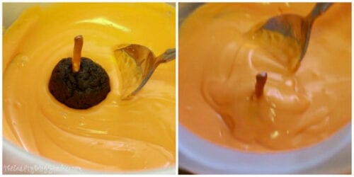 dipping cookie balls in orange chocolate