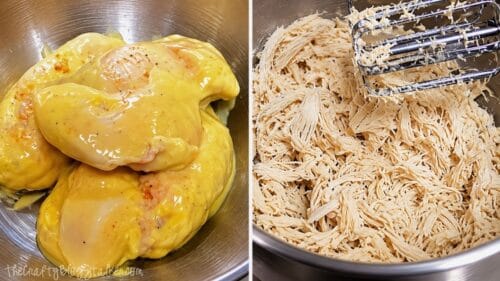 Before and after view of slow cooker chicken for Hawaiian haystacks, showing cooked chicken breasts and shredded chicken mixed with a hand mixer.