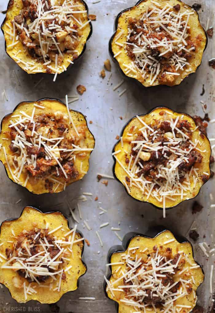 These Sausage and Apple Stuffed Acorn Squash are the perfect appetizer for the holidays or get together! 