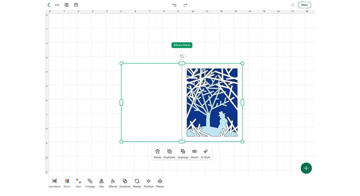 Layered snowy woods Christmas card SVG in Cricut Design Space, featuring a winter tree and snowman design sized 8.5 by 5.5 inches.