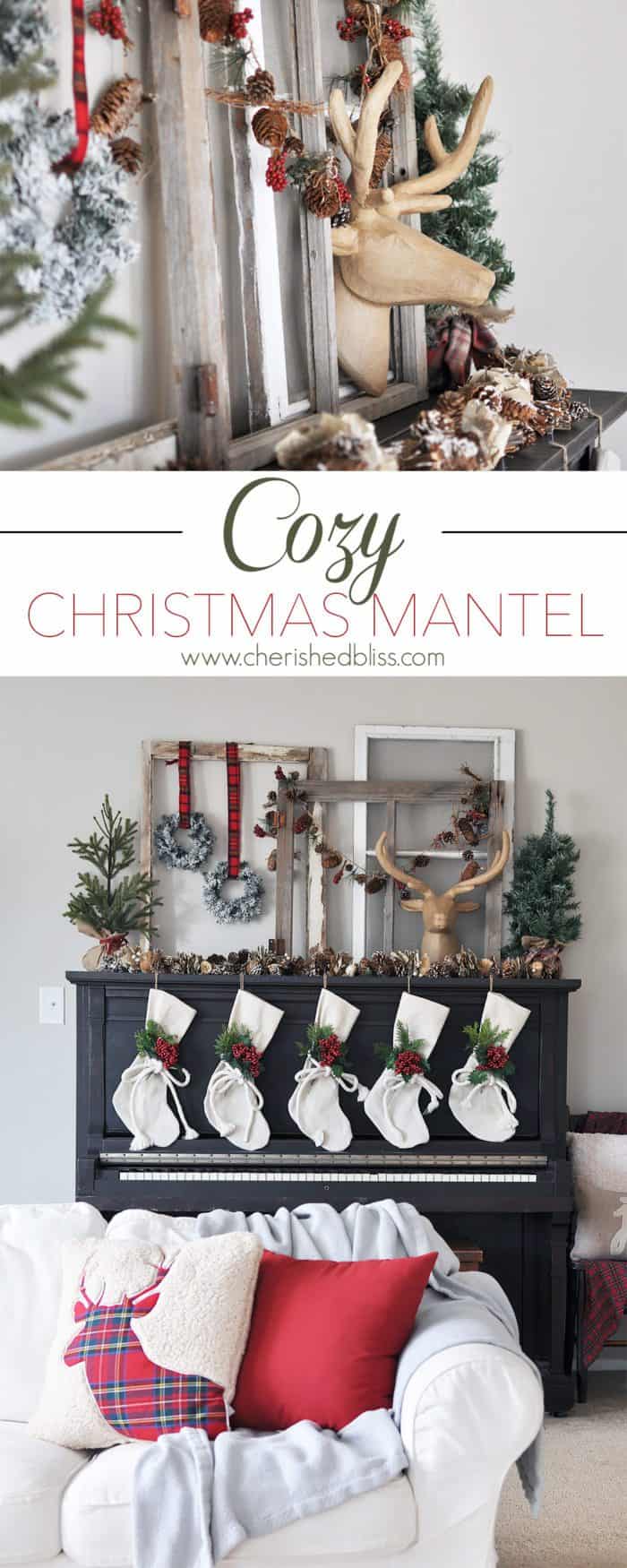 Super Cozy Christmas Mantel with drop cloth stockings, mini wreaths, pine cones, and a deer head!  Super Cozy Christmas Mantel with drop cloth stockings, mini wreaths, pine cones, and a deer head!