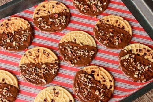 chocolate chip pizzelle cookies dipped in chocolate and chopped nuts