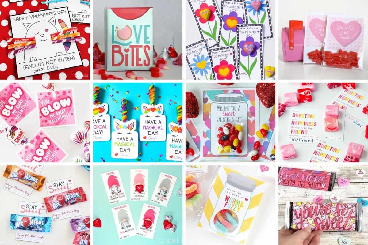 Collage with 12 printable classroom valentines.